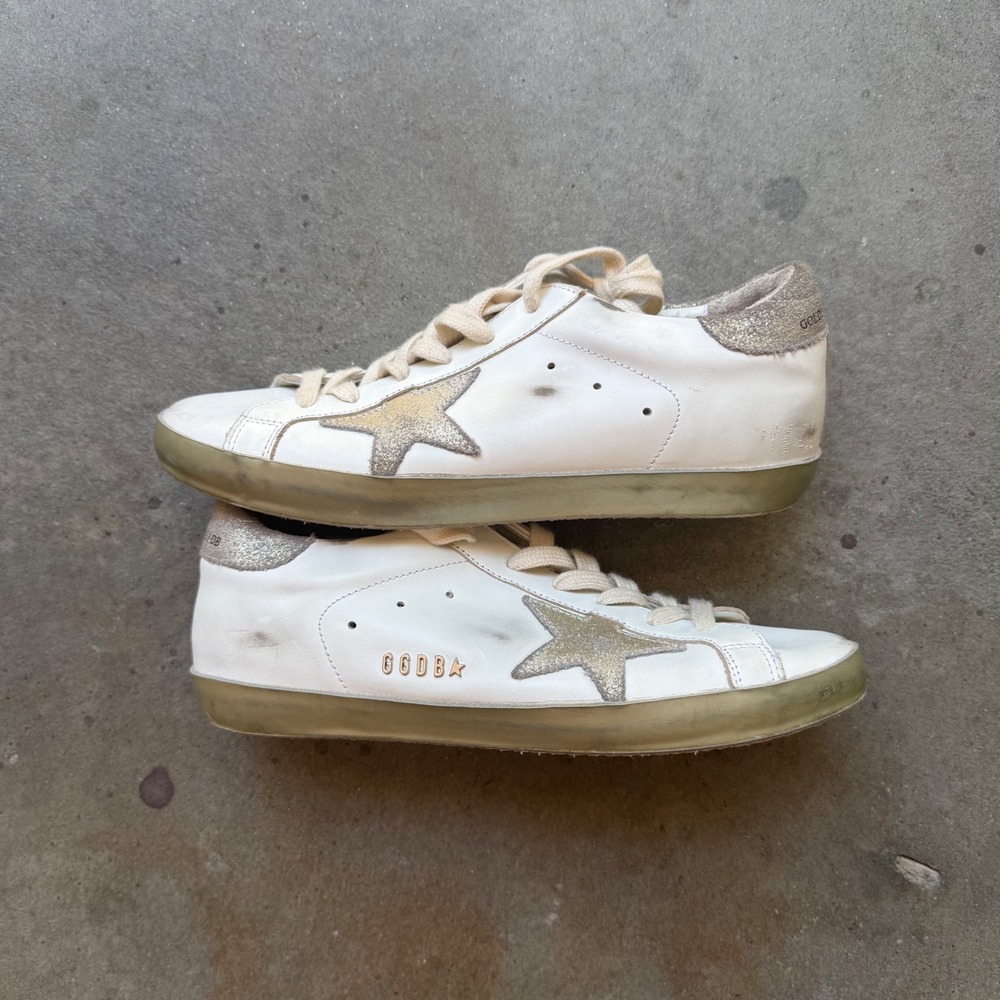 Golden Goose Superstar White Leather Gold Glitter Star Sneakers IT 38